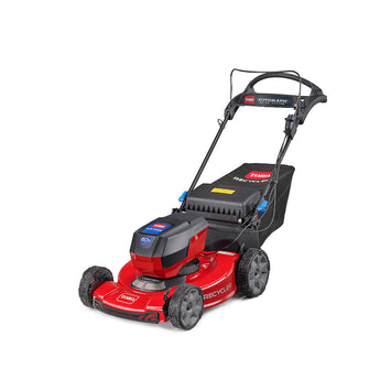 Red and black lawn mower on a white background. Greenstripe
