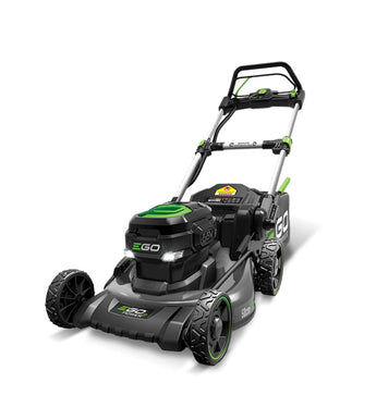 A EGO brand self-propelled mower with a black, green, and gray color scheme, featuring a large collection bag and a 50cm cutting deck. Greenstripe