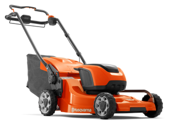Orange Husqvarna lawn mower on a white background. Greenstripe