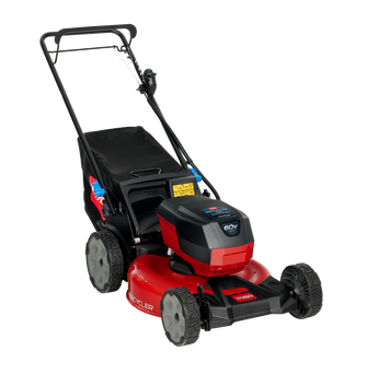 A red and black self-propelled lawn mower with a 52cm deck, equipped with a battery and charger. Greenstripe