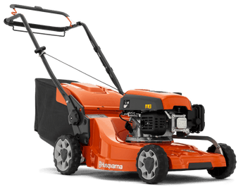 A red and black Husqvarna LC 247S self-propelled lawn mower with a collector. The mower has an ergonomic handle, a foldable handle, and a 47 cm cutting deck. Greenstripe