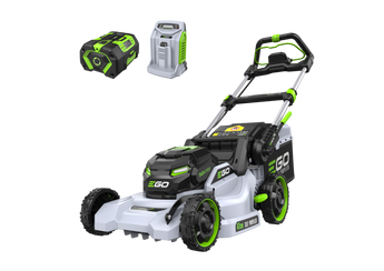 Electric lawn mower with battery and charger on a white background. Greenstripe
