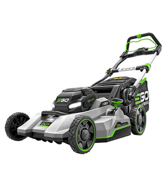 A EGO brand cordless self-propelled lawn mower with a 52cm cutting deck, predominantly gray and black in color with green accents. Greenstripe