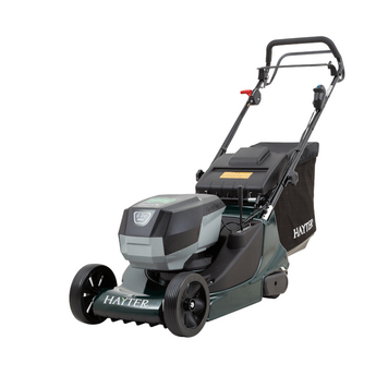 A Hayter electric lawn mower in dark gray and black, featuring a grass bag, rear handle, and front deck with the Hayter brand name clearly visible, set against a plain white background. Greenstripe