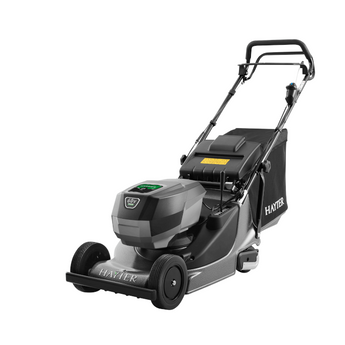 A HAYTER harrier 41 pro cordless electric lawnmower in black and gray, shown from a three-quarters angle on a solid white background. Greenstripe