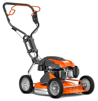 A compact Husqvarna KLIPPO LB 548SQe lawn mower with an orange and gray body, featuring a front-wheel drive and a 48 cm cutting deck. Greenstripe