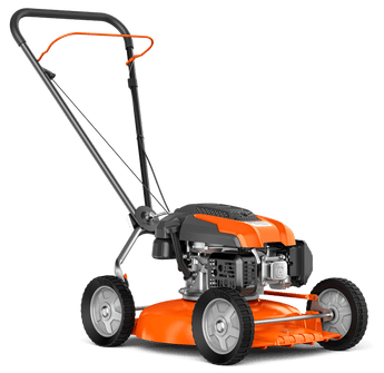 A compact Husqvarna KLIPPO LB 448Q lawn mower with an orange and gray color scheme, featuring a side-adjustable handle and cast aluminum decks. Greenstripe