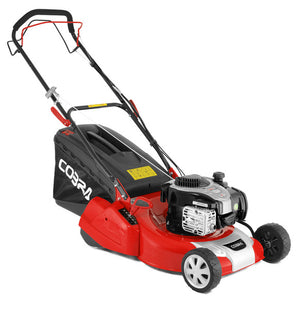 A red and black Cobra lawn mower with a silver engine cover, black wheels, and a black grass bag, shown on a solid white background. Greenstripe
